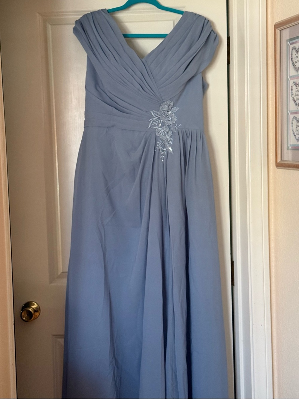 Dusty Blue V-Neck Chiffon Wedding Guest Gown